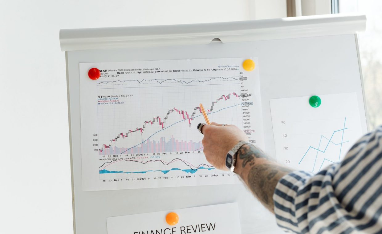 A tattooed person pointing at finance charts and graphs on a whiteboard.