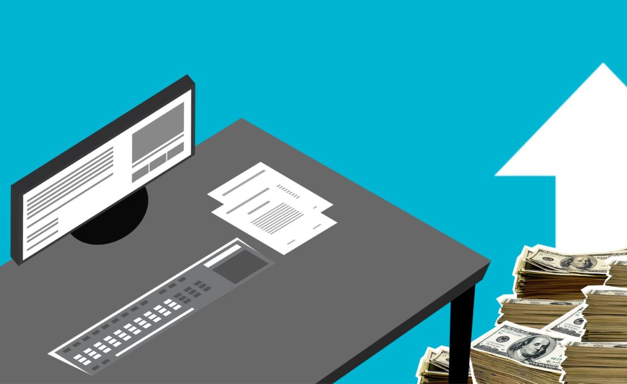 Illustration of modern computer and documents with cash and arrow up showing increase of incomes against blue background